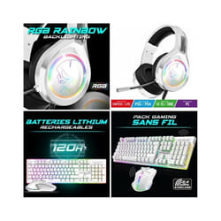 CLAVIER semi mécanique Blanc sans fil WIRELESS RGB PRO + SOURIS sans fil RF 2.4 GHz RGB Rainbow 4800dpi + Casque Gamer