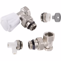 Description générale Kit complet robinet de radiateur manuel équerre 15x21 comprenant divers éléments essentiels pour l'insta ...
