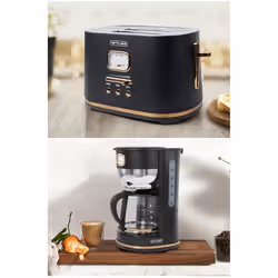PACK CAFETIERE RETRO VINTAGE 10 TASSES 1000W SANS FIL NOIRE DORE  + GRILLE-PAIN NOIRE DORE 1800W 2 FENTES