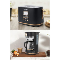 PACK CAFETIERE RETRO VINTAGE 10 TASSES 1000W SANS FIL NOIRE DORE  + GRILLE-PAIN NOIRE DORE 1800W 2 FENTES