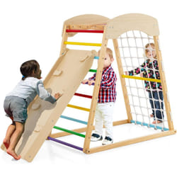 Costway - 6 en 1 Triangle d'escalade en Bois Enfants avec Rampe Double Face, Aire de Jeu d'Escalade Intérieur avec Inclinaison Réglable, Filet et