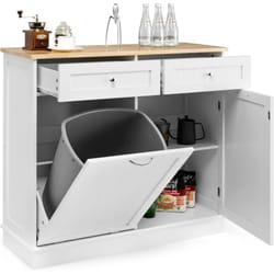 Costway - Meuble Salle de Bain avec 2 Tiroirs et Placard 42L, Armoire Commode avec Plateau en Caoutchouc, Placard pour Poubelle, Linge, Étagère