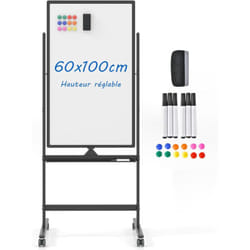 COSTWAY Tableau Blanc sur Pieds Double Face Pivotante 60x100cm, Tableau Blanc Magnétique Effaçable à Sec, Hauteur Réglable sur 2 Positions, 4