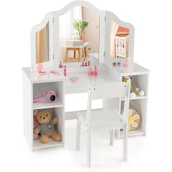 Costway - 2 en 1 Coiffeuse et Chaise Enfants avec Miroir Amovible à Trois Volets, Table de Maquillage Princesse avec 4 Compartiments de Stockage,