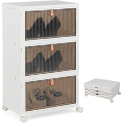 Costway - Boîte Rangement Plastique 45L, 3 Caisses de Rangement Pliables avec 4 Roulettes et Couvercles, Boite Empilable pour Chaussures, Jouets,