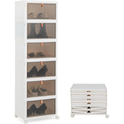 Costway - Boîte Rangement Plastique 90L, 6 Caisses de Rangement Pliables avec 4 Roulettes et Couvercles, Boite Empilable pour Chaussures, Jouets,