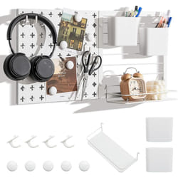 Kit Combiné de Panneaux Perforés Mural, Organiseur Mural avec 4 Crochets, Étagère de Rangement, 2 Récipient et 5 Aimants, pour Affichage pour
