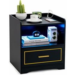 Table de Chevet led avec 1 Port usb et 1 Port type-C, Table de Nuit Lumineuse 3 Couleurs Réglables avec Compartiment, Capteur Intelligent, 45 x 40 x