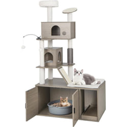 COSTWAY Arbre à Chat 2 en 1 avec Toilettes Cachées, Centre d’Activités pour Chatons avec 2 Condos et Boules Suspendues, Tour à Chat avec Maison de