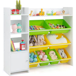 COSTWAY Étagère de Rangement Enfants avec 8 Bacs en Plastique Amovibles, Bibliothèque à 4 Niveaux pour Jouets Livres avec 1 Armoire & 2 Étagères,