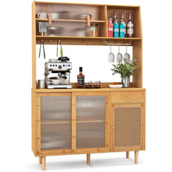 Buffet Cuisine, Armoire de Cuisine en Bambou, Placards à Porte Coulissante, Tiroir, Porte-Verre, 3 Crochets, Meuble Cuisine Design Canange, 120 x 35