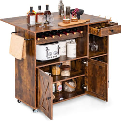 Desserte sur roulettes Industriel, Chariot d'îlot de Cuisine en Bois avec Plans de Travail Rabattable, Casier à Vin, Placard Étagère Réglables, pour