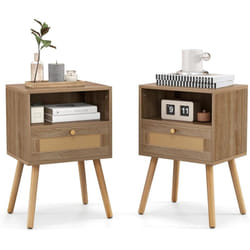 Costway - Lot de 2 Tables de Nuit en Rotin, Table de Chevet Bois avec Tiroir, 4 Pieds en Pin, Design Cannage, Compartiment Ouvert, Style Bohème,