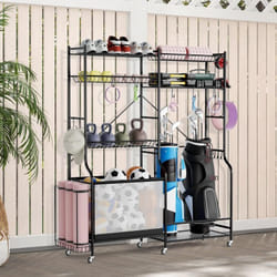 COSTWAY Organisateur d'Équipement Sportif avec 5 Étagères Réglables, Support de Rangement pour Balles en Métal avec Porte-Sacs de Golf Support pour