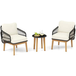 Ensemble de Meubles 3 Pièces de Patio en Rotin Charge 180KG, Salon de Jardin 2 Fauteuils Table Basse en Verre Trempé avec Coussins Lavables