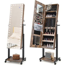 COSTWAY Armoire à Bijoux à Roulettes Hauteur Réglables, Miroir Pleine Longueur avec Lumières LED, Interrupteur Tactile, Verrouillable, Roues