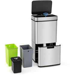 Poubelle Cuisine Automatique 72L en Acier Inox avec réservoir scellée 3,5L, Poubelle Tri Selectif 2 x 11L Seaux Amovibles, Cerclage, Anti-Empreintes,