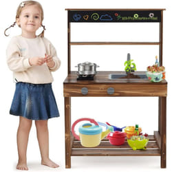 Cuisine Extérieure Enfant avec Tableau Noir & Poêle, Cuisine Boueuse en Bois de Sapin avec Robinet & Évier, Espace de Rangement