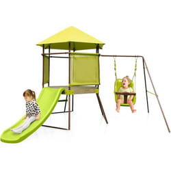 Costway - 4 en 1 Aire de Jeux Portique en Bois avec Toboggan & Siège Bébé Réglable, Tour d'escalade Enfants avec Cabane Couverte & Échelle, Cadre en
