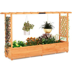 Costway - Jardinière avec 2 Treillis Latéraux Toit Suspendu en Bois de Sapin avec Trou de Drainage, Lit de Jardin Surélevé pour Plante Grimpante