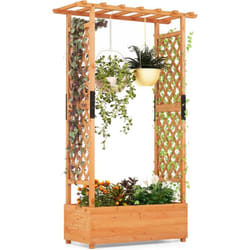 Costway - Jardinière avec 2 Treillis Latéraux Toit Suspendu en Bois de Sapin avec Trou de Drainage, Lit de Jardin Surélevé pour Plante Grimpante
