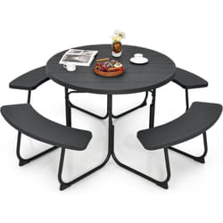 Ensemble Table de Pique-Nique avec 4 Bancs Intégrés, Ensemble de Jardin Table de Pique-Nique Circulaire 135KG Trou pour Parasol, pour Jardin Piscine,
