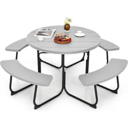 Ensemble Table de Pique-Nique avec 4 Bancs Intégrés, Ensemble de Jardin Table de Pique-Nique Circulaire 135KG Trou pour Parasol, pour Jardin Piscine,