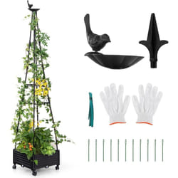 Jardinière Surélevée à roulettes avec Treillis, Lit de Jardin avec Auto-Drainage Oiseaux et Flèches Décoratives, Cage à Tomates pour Légumes Plantes