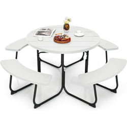 Ensemble Table de Pique-Nique avec 4 Bancs Intégrés, Ensemble de Jardin Table de Pique-Nique Circulaire 135KG Trou pour Parasol, pour Jardin Piscine,