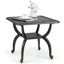 Table de Jardin Carrée 53 cm en Fonte d'Aluminium, Table d'Appoint d'Extérieur avec Étagère de Rangement Motif Floral Sculpté Creux, pour Patio