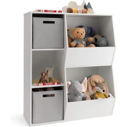 COSTWAY Étagère à Jouets Enfant avec 2 Bacs en Tissu Amovibles, Bibliothèque Enfant avec 3 Étagères Ouvertes & 2 Compartiments, Meuble Rangement