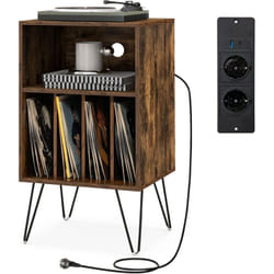 COSTWAY Meuble Tourne-Disque Vinyle avec Prise, Support Tourne-Disque pour Albums avec Station de Charge, 2 Prises, 1 USB,1 Type-C, Pieds en Métal,