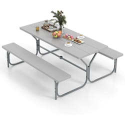 Ensemble Table et Bancs de Pique-Nique avec Cadre Métal, Ensemble de Jardin Imperméable pour 8 Personnes Banc Charge 250KG Trou pour Parasol, 183 x