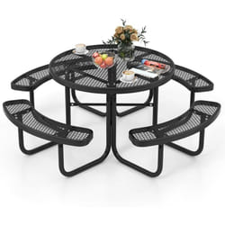 Ensemble Table de Pique-Nique Ronde avec 4 Bancs Intégrés pour 8 Personnes, Table de Camping en Métal avec Sièges et Trou pour Parasol, pour Jardin