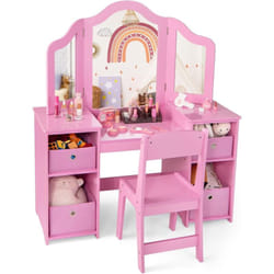 Costway - 2 en 1 Coiffeuse et Chaise Enfants avec Miroir Amovible à Trois Volets, Table de Maquillage Princesse avec 4 Compartiments et Bacs de