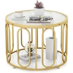 Costway - Table Basse Ronde, Table Basse Verre 2 Niveaux, 8 Supports Pivotants Ovales, Montage diy, Cadre en Métal, Table Basse Design Moderne, 60,5