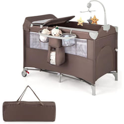 Costway - 5 en 1 Lit Parapluie Bébé avec Matelas et Table à Langer Amovible, Lit Bébé Évolutif avec Boîte à Musique et Jouets Suspendus, Hauteur