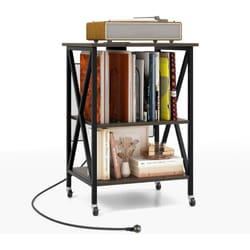COSTWAY Meuble Tourne-Disque Vinyle avec Prise, Table d'Appoint à Roulette avec Station de Charge, 2 Prises, 2 USB, 1 Type-C, Bout de Canapé, Support
