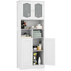 Costway - Meuble de Salle de Bain à 4 Portes et 3 Compartiments Ouvertes, Armoire Haute avec Porte en Verre Dépoli, Colonne Salle de Bain, pour
