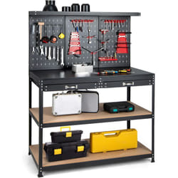 Costway - tabli Atelier Garage avec Étagères et Tiroirs Panneaux Perforés, Table de Travail Cadre en Métal avec 25 Porte-Outils pour Garage Atelier