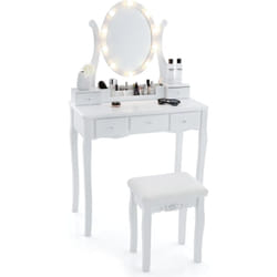 Costway - Coiffeuse avec Tabouret Rembourré, Coiffeuse avec Miroir Eclairé 10 Ampoules led, 3 Modes de Couleurs, Luminosité Réglable, Table de