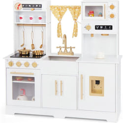 Costway - Cuisine Enfant avec Lumière & Effet Sonore, Cuisiniere Enfant avec Rideau & Cafetière, Distributeur d'eau, Espace de Rangement, Jeu de
