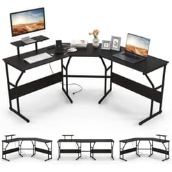 Costway - Bureau en Forme de 'l' avec Prises de Courant, Bureau d'angle avec Support d'Ecran Amovible, Poste de Travail Informatique de 225 cm de