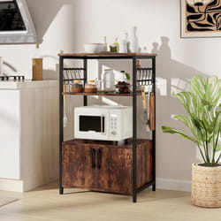 Costway - Meuble de Cuisine à 3 Niveaux avec Armoire et Etagères, Organisateur de Cuisine 2 Etagères Ouvertes, 10 Crochets en s, pour Micro-Ondes,