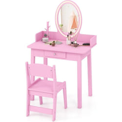 Costway - 2 en 1 Coiffeuse Enfants avec Miroir led & Tabouret, Table de Maquillage avec Tiroir & Organisateur en Forme Arbre, Dispositif