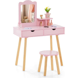 2 en 1 Coiffeuse Enfant avec Miroir Rectangulaire Amovible & Tabouret Mignon, Table de Maquillage Princesse avec 2 Grands Tiroirs & Étagère, Charge