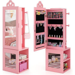 3 en 1 Armoire à Bijoux Enfant avec Miroir Pleine Longueur, Organisateur à Bijoux en Forme Cœur avec 4 Crochets & 3 Étagères, Anti-Bascule, Portant à
