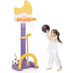 Costway - 4 en 1 Panier de Basket Enfant en Forme Lune avec Hauteur Réglable, Aire de Jeu Sportive avec Football, Golf et Jeu de Anneaux, Tableau