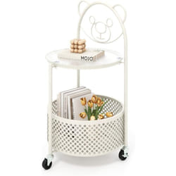 Costway - Petite Table Basse en Verre 2 Niveaux, Bout de Canapé Rond à Roulette avec Panier, Plateau en Verre Trempé, Cadre en Métal, Motif Ours,