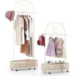 Costway - Portant à Vêtements Enfant en Forme d'ours avec 3 Hauteurs Réglables, Garde-Robe Enfant en Métal avec Panier Inférieur, Porte-vêtements sur